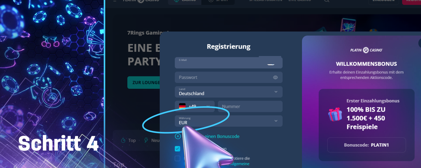 Um sich bei Platin Casino anzumelden, geben Sie die Währung ein